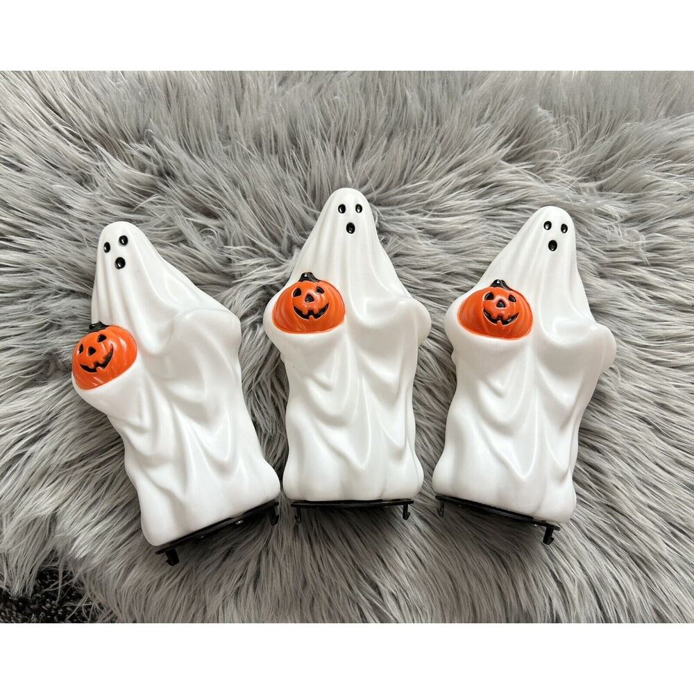 VTG Empire Halloween Ghost W/Jackolantern Blow Mold Pathway Lights Toppers Set/3